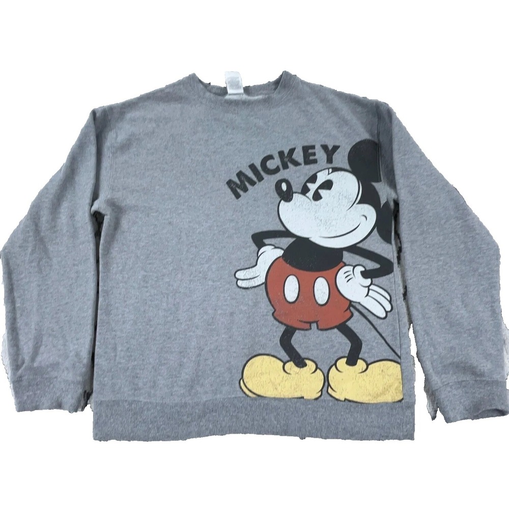 Disney Sweatshirt Women XS Gray Crew Neck Sweater Mickey Mouse Big Print Logo